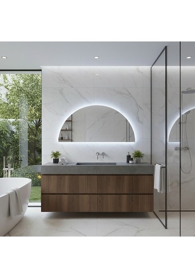 50x100 Cm Yarım Oval Led Banyo Aynası Dokunmatik Sensörlü, Dimmerli, 6500 Beyaz Işıklı Modern Duvar Aynası Beyaz