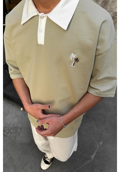 Su Yeşili Palmiye Polo Yaka Outplenty Premium Oversize Tişört Su Yeşili
