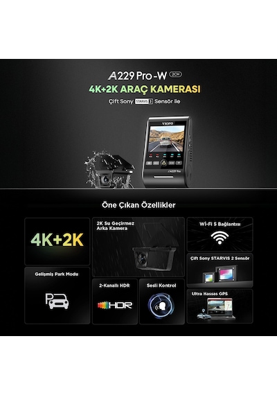 Viofo A229 Pro W 2 Kameralı Ön+arka Su Geçirmez 4k+2k Sony Starvıs 2 Sensör Gps'li Araç Kamerası