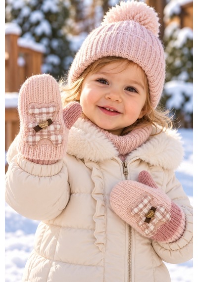 Miniko Kids Kitti 26210-01 Kız 1-3 Tek Parmak Triko Eldiven Pudra
