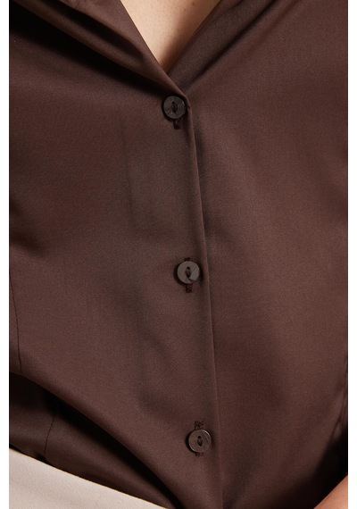 Tudors Kadın Slim Fit Dar Kesim Klasik Yaka Uzun Kollu Kahverengi Gömlek-40353 Kahverengi