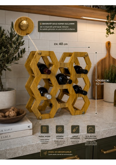 Phellos Hexagon Ahşap Şişe Standı - Dekoratif Şişe Rafı