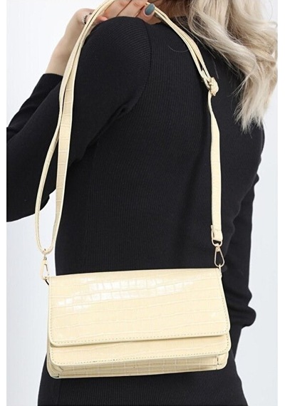Lovelystore Kroko Desenli 3 Gözlü Günlük Kadın Mini El & Omuz Çantası 24x12 Krem