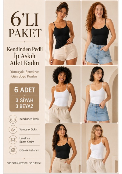 Loule Kadın 6'lı İp Askılı Pedli Atlet 3 Si Yah-3 Beyaz %95 Pamuk Çok Renkli