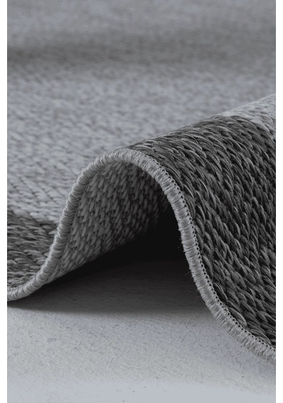 Hoom Rugs Lora 3213 Antrasit Çerçeveli Çizgili Pamuk Taban Hav Toz Vermez Sisal Halı