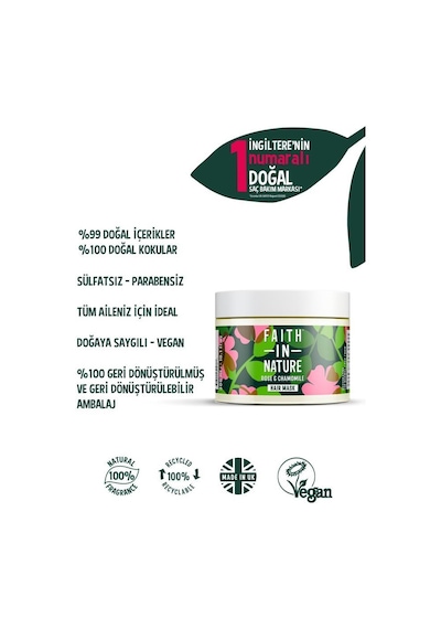 Faith in Nature %99 Doğal Gül & Papatya Normal & Kuruya Dönük Saçlar İçin Onarıcı Saç Bakım Maskesi 300 ML