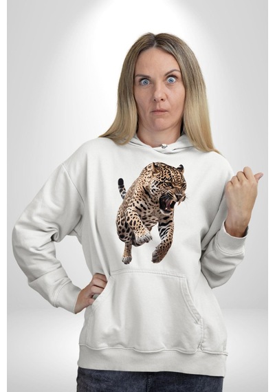 Jaguar Sırtından Çıkan Kadın Erkek Beyaz Kapüşonlu Sweatshirt Hoodie Beyaz