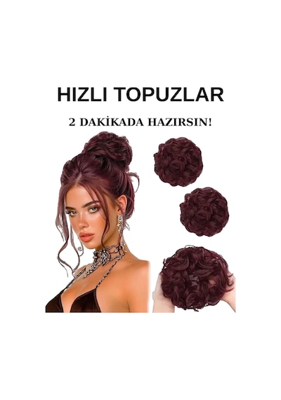 Saçlı Lastikli Topuz Toka - Koyu Kızıl