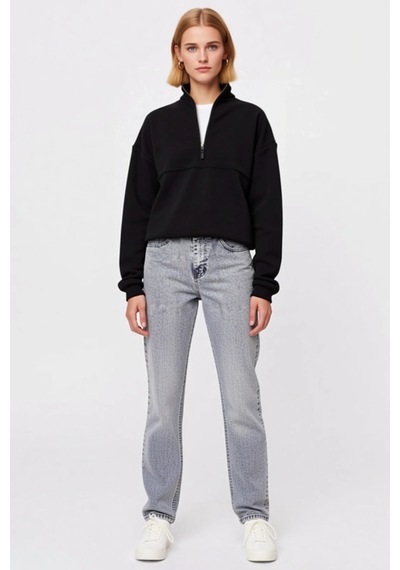Ersefa Kadın Oversize Yarım Fermuarlı Dik Yaka Basic Sweatshirt Önü Diki siyah