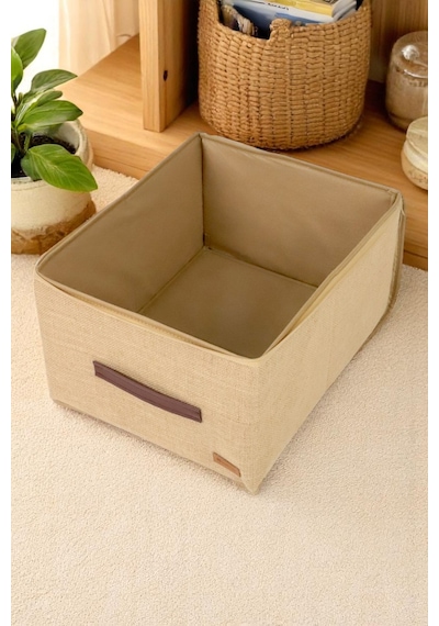 4'lü Orta Boy Koltuk Baza Yatak Altı Uyumlu Gerçek Jüt Kumaşlı Kulplu Extra Destekli Hurç Organizer Set Kahverengi