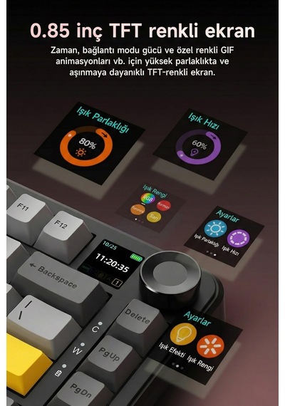 Ajazz Ak820 Max Plus 75% Mekanik Klavye 8000mah Batarya 0.85 Tft Ekran Rgb Hot Swap 3 Modlu 2.4g Bluetooth Type-c Kablosuz Gaming Klavye Conta Yapısı Ses Yalıtımlı Turuncu