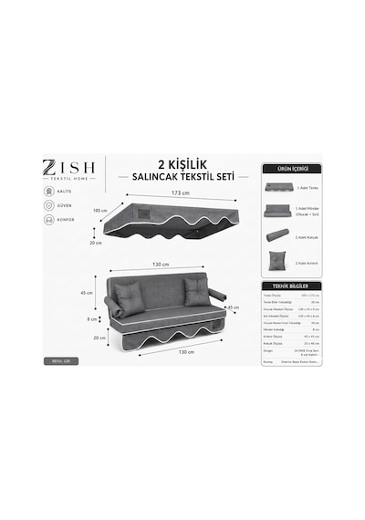 Zishtekstil Keten Kumaş Süngerli Gölgelikli 2 Kişilik Salıncak Minderi 8 Cm Antrasit