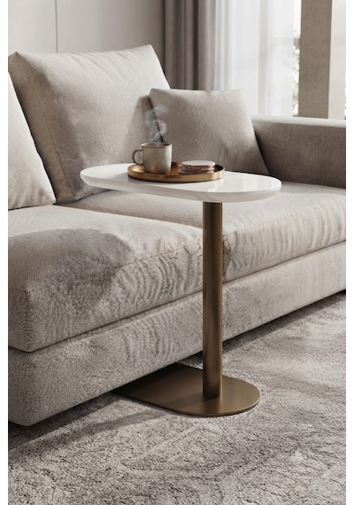 Beyaz Renk Üst Tabla , Cappicino Renk Metal Ayaklı 3'lü Zigon Sehpa Seti Salon /koltuk Altı Sehpa Yan Sehpa - C Sehba Modern Sehba Cappıcıno-beyaz