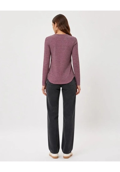 Defymoda Dokulu Çizgili Uzun Kollu Tişört Oval Kesim Basic Rahat Kalıp Bluz - Bordo