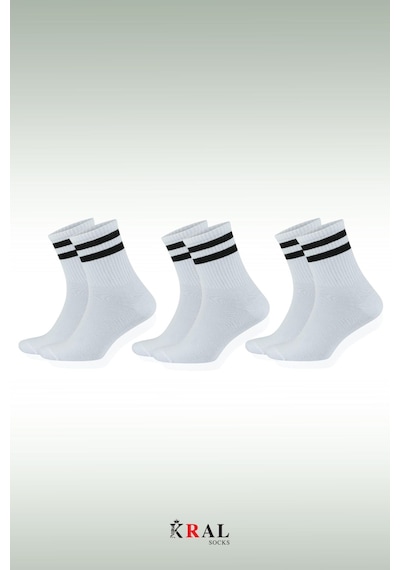 Kral Socks Erkek Kadın 3 Çift Çizgili Kolej Tenis Çorabı Pamuklu Terletmez Çorap Beyaz