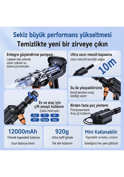 Şarjlı 60 Bar Basınçlı Araba Yıkama Temizleme Makinası Köpüklü Araba Yıkama 15 Metre Hortum Çantalı