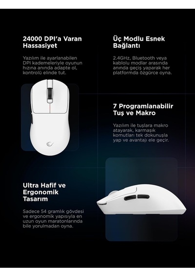 Clax 60 Gram Kablosuz Ultra Hafif Şarjlı 3311 Sensor 24000 Dpı 3311 Sensor Gaming Oyuncu Mouse Beyaz