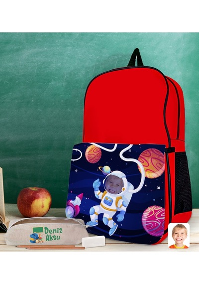 Bk Gift Kişiye Özel Astronot Tasarımlı Kırmızı Okul Çantası Ve Kalemlik Hediye Seti-1