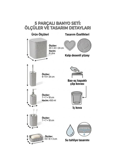 Makri Home 5 Parça Banyo Seti, Kalp Desenli, Gri Silver, Kare, Click Kapaklı, Hacim: 8 Litre Gri