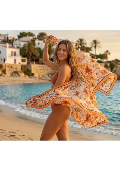 Orange Flower Desen İç Göstermeyen Saten Pareo Çok Renkli