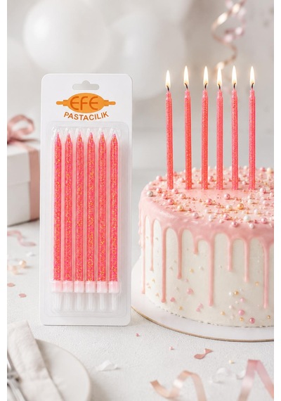 Pembe Gold Simli Uzun Pasta Mumu 17 Cm Karışık