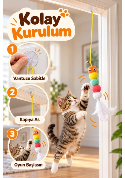 Kedi Oyuncağı Kapıya Asılan Vantuzlu İpli Çıngıraklı Tüylü Ponponlu Zıplama Ve Avlanma Oyuncağı