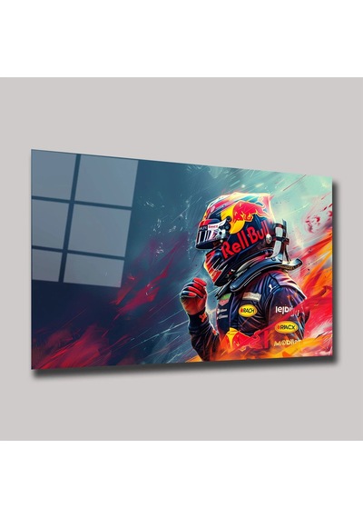 Red Bull F1 Yarış Pilotu Ve Renkli Kask Cam Tablo Yatay Deg0334
