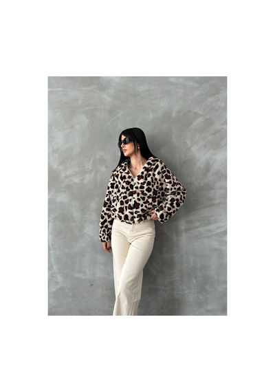 Verymoda Leopar Baskılı Peluş Mont F1654 Açık Taş Leopar