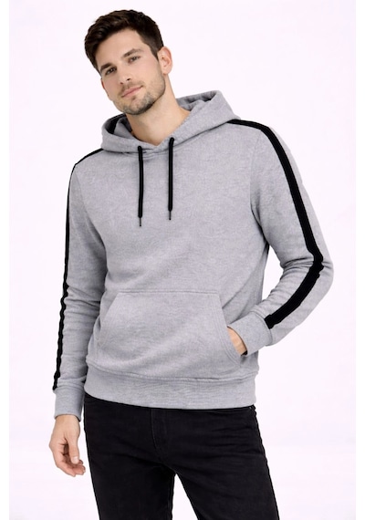 Barlashive Erkek Şeritli Kapüşonlu Sweatshirt Oversize 3 İplik Pamuklu Hoodie - Gri Çok Renkli