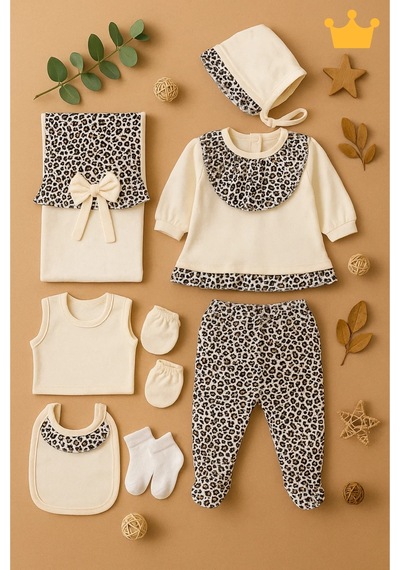 Babyhola Leopar Desenli 8 Li Kız Bebek Hastane Çıkışı Yenidoğan Seti 5049 Krem