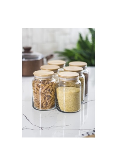 6 Lı Set Bambu Kapaklı Cam Kavanoz & Erzak Saklama Kabı 800 Ml Orta Boy Vakum Kapak Düz Renkli