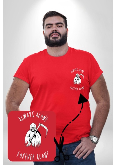 Angemiel Her Zaman Yalnız Daima Yalnızlık Azrail Kırmızı Büyük Beden Kadın Basic Minimal Baskılı Tişört Kırmızı