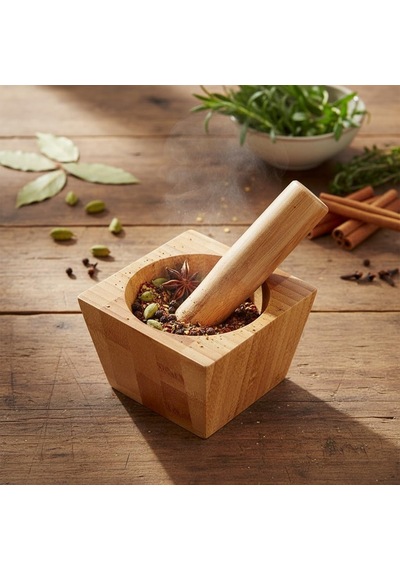 Bambu Havan Ve Tokmak Seti, Mutfak Havanı, Baharat Ve Sarımsak Öğütücü Ve Döveceği Kare