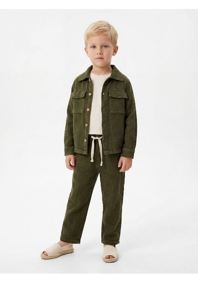 Zekids Erkek Çocuk Müslin Dokulu Rahat Kesim Pantolon-17144 Yeşil