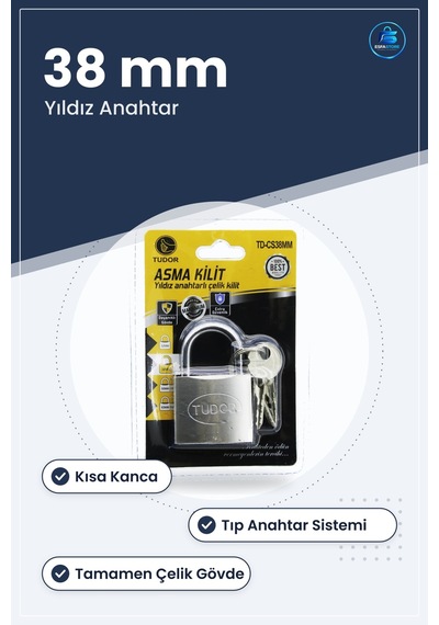 Çelik Asma Kilit 38mm Kısa Kanca Yıldız Ve Çivi Anahtarlı Kapı Do