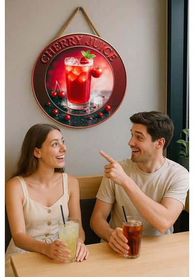 Cherry Juice Temalı Kapı Süsü Tablosu, Vişne Suyu Konseptli Uv Baskılı Renkli Cafe Duvar Dekoru