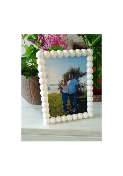 Alvera Inci Baloncuk Fotoğraf Çerçevesi Boncuk Kenarlı Modern Fotoğraf Çerçevesi Masaüstü Beyaz