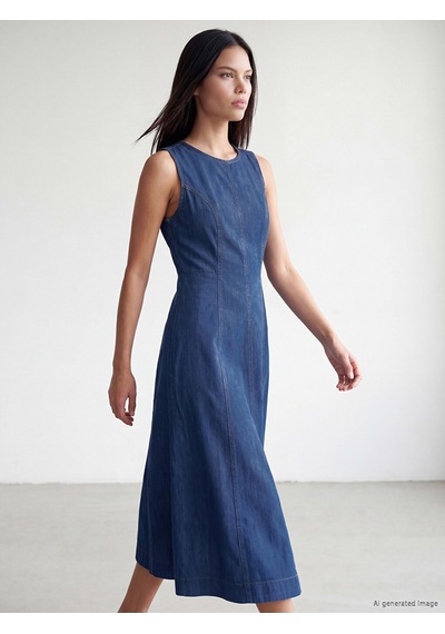 Lcw Modest İndigo Midi Kloş Jean Elbise