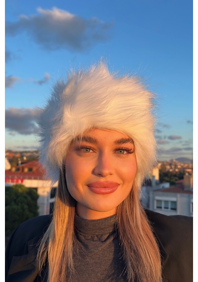 Mollycrush Kadın Beyaz Peluş Kürk Şapka Rus Tarzı Premium Kışlık Model Beyaz