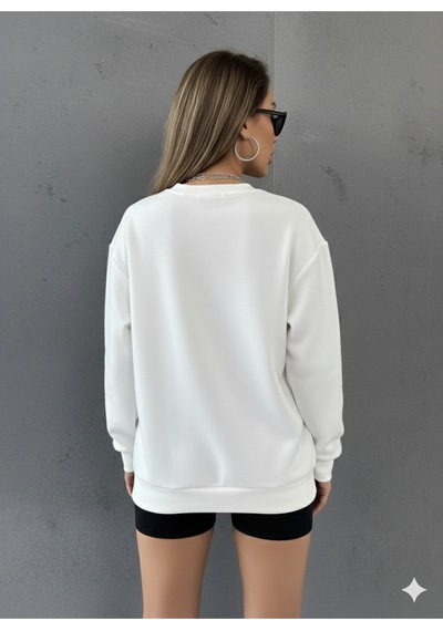 Uyguntarz Unisex Papatya Kelebek Baskılı Tasarım Oversize Bisiklet Yaka Sweatshirt beyaz