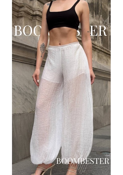 Boombester Kadın Transparan İçi Şortlu Bloomer Pantolon Salaş Rahat Kalıp Yazlık Bohem Balon Pantolon Beyaz Boombester Kadın Transparan İçi Şortlu Bloomer Pantolon Salaş Rahat Kalıp Yazlık Bohem Balon Pantolon Beyaz