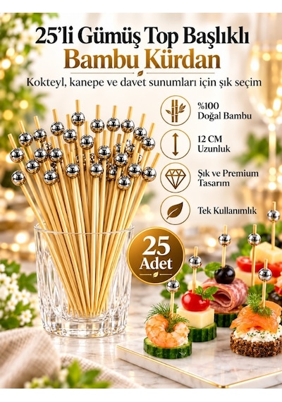 Mucit Home Gümüş Taşlı Toplu Kanepe Kürdanı 25 Adet Kokteyl Ve Parti Sunum Kürdanı