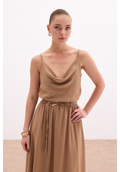 Sateen Degaje Yaka Dökümlü Bluz - Vizon-136051 Vizon
