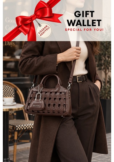 Just Polo Kahverengi Cuzdanli Kadin Orgu Desenli El Ve Omuz Cantasi Capraz Askili Premium Tasarim Lux Segment Kahverengi - Camel