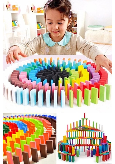 Ahşap Domino Taşları 100 Parça Renkli Eğitici Oyuncak Domino