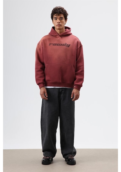 Vamos Oversize Baskılı Yıkamalı Hoodie Bordo