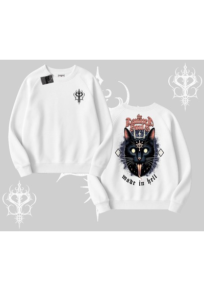 Startmore Gothic Cat Made İn Hell Baskılı Sweatshirt Biskilet Sweatshirt Beyaz
