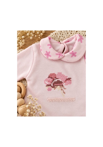 Omeca Concept Kız Bebek Pembe 2'li Takım Bebe Yaka, Çiçek Kanaviçe İşlemeli