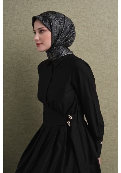 Armine İpek Eşarp 2027 Kış - 9631-83 Siyah Ekru Twill
