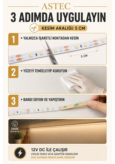 Astec 12v Şerit Led 5 Metre / 10 Metre Yapışkanlı Kesilebilir İç Mekân Aydınlatma Trafo Hariç Bütün Renkler